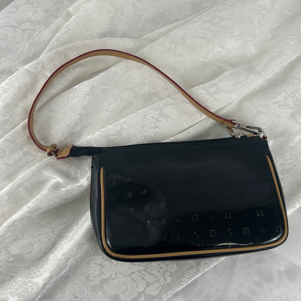 Vintage Arcadia Black and Tan Genuine Patent Leather Mini Shoulder Bag